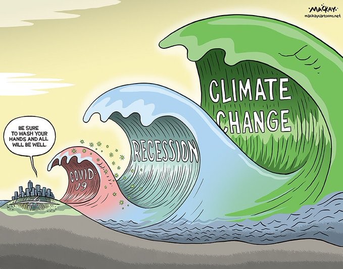 La vignetta raffigura tre enormi onde che si stanno per abbattere su una città: la più piccola è l'onda del Covid19, la successiva, più grande, è quella della recessione; la terza, che sovrasta tutte le altre, è quella del cambiamento climatico. 