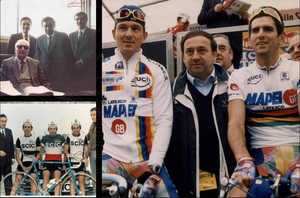 Fotografie di Ernesto Colnago con Enzo Ferrari e con alcuni ciclisti che hanno portato al successo le sue biciclette